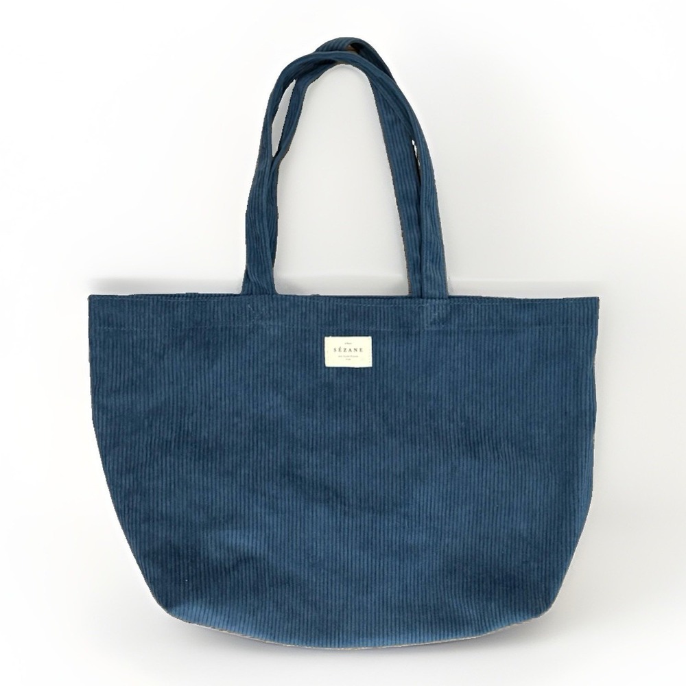 Sézane Blue Corduroy Tote Bag Large Shoulder Strap Organic Cotton Lined Chic